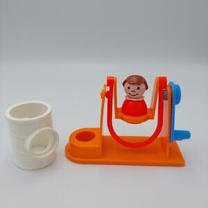 VTG Fisher Price Little People Girl- Rope‎ Swing & Barrel Playground- Sesame